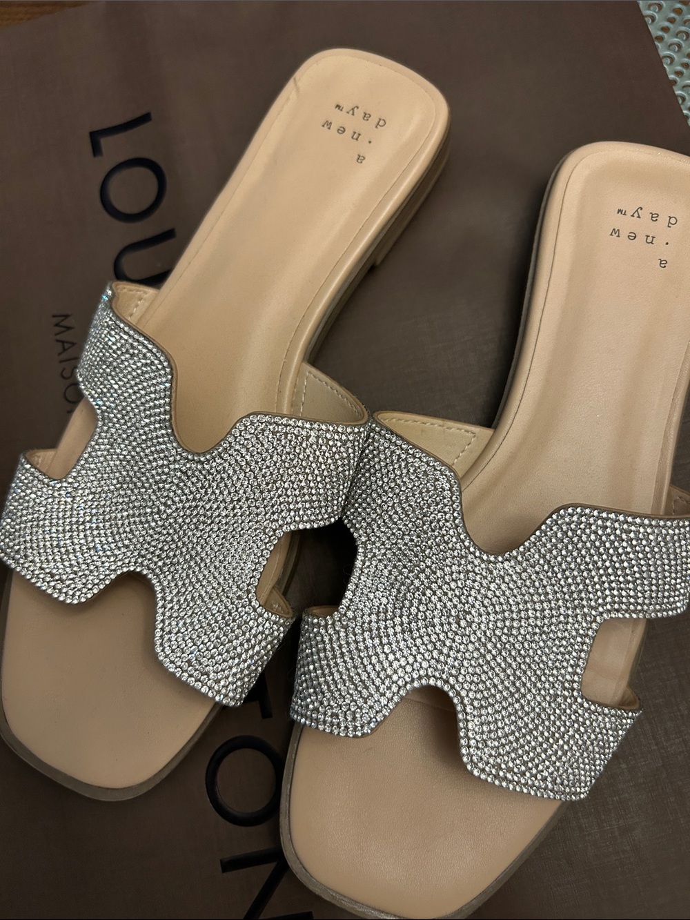 a new day Beige and Silver Crystal Slide Sandals